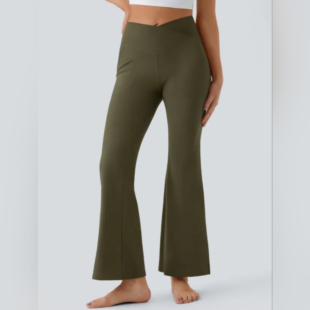 NWT HALARA size Small cross over waist NEW! Olive Boot Cut Pants Split Hem